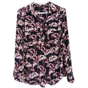Ann Taylor Floral Navy Purple blouse shirt Medium c1